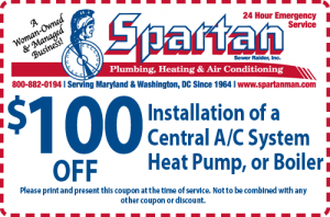 $100 off installation of central A/C system, heat pump, or boiler